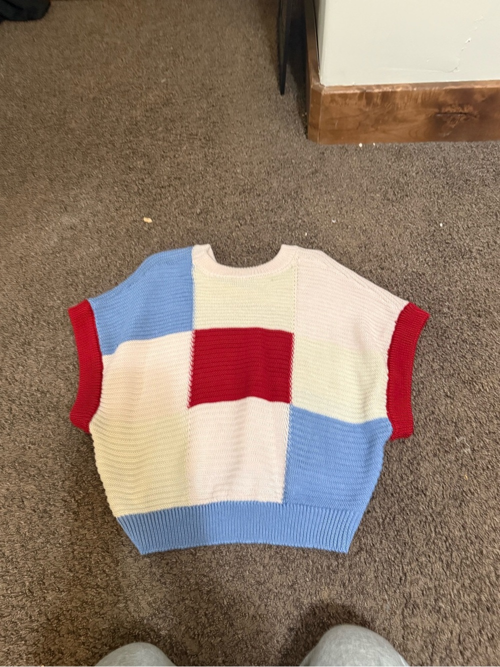 Buckle Colorblock Knit Sleeveless Top - Red, Blue, Cream